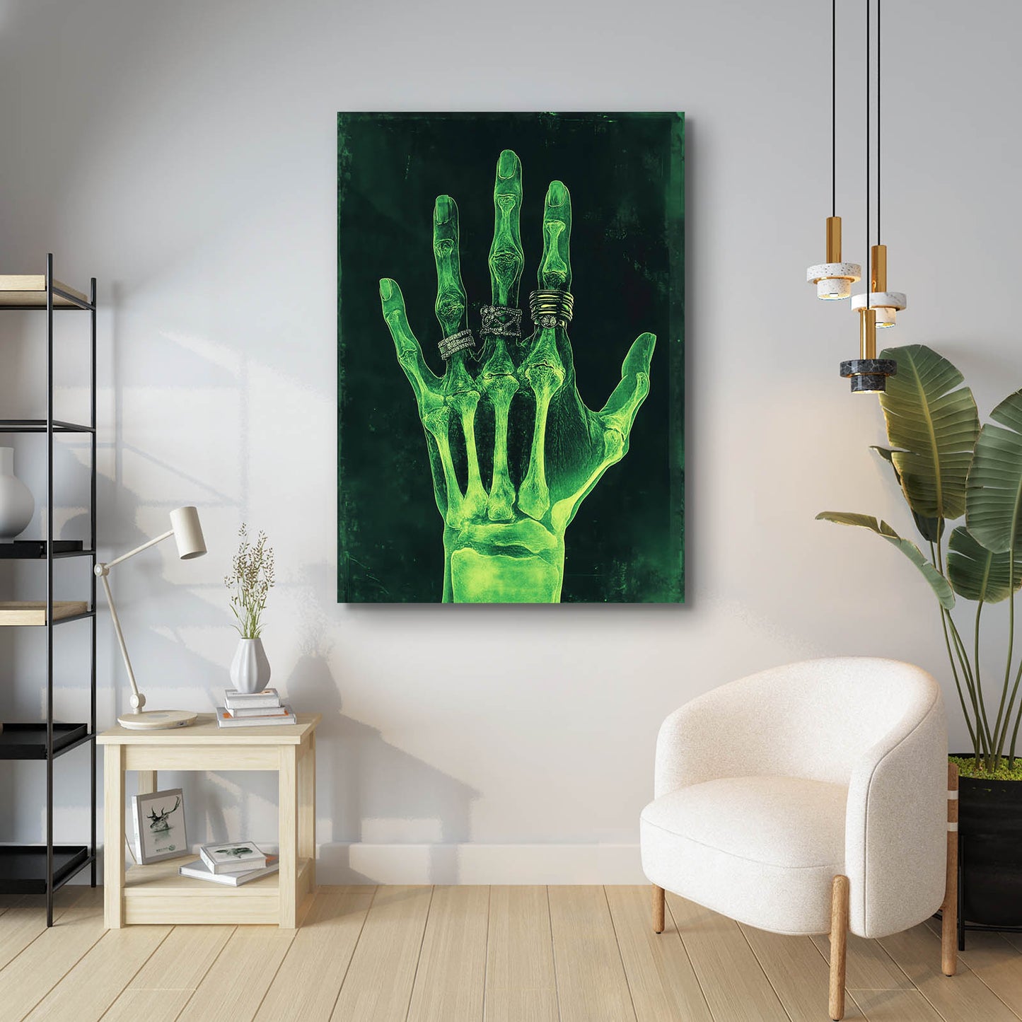 Neon Green X-Ray Hand Wall Art — contemporary canvas print, styled in a furnished interior