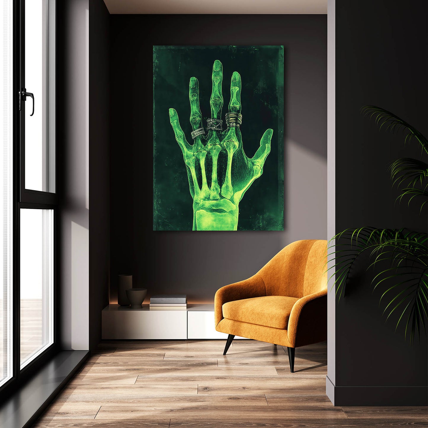 Neon Green X-Ray Hand Wall Art — contemporary canvas print, styled in a furnished interior