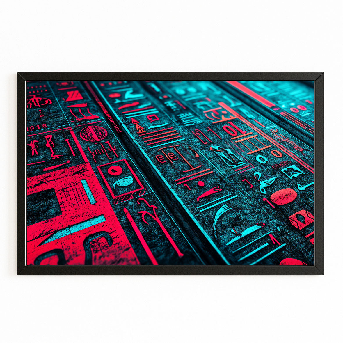 Neon Hieroglyph Pattern Egyptian Prints – with Premium Black frame on white background