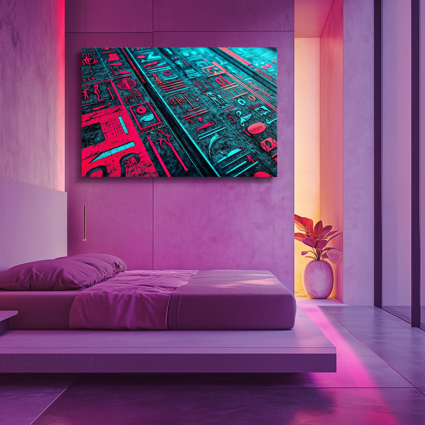 Neon Hieroglyph Pattern Egyptian Prints – styled in a furnished interior