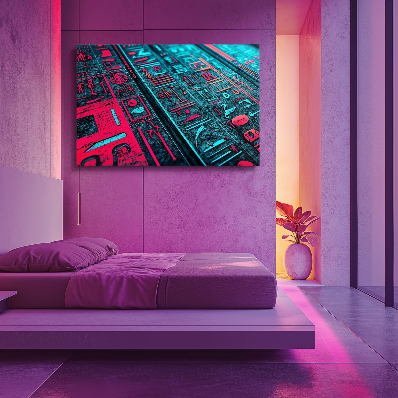 Neon Hieroglyph Pattern Egyptian Prints – styled in a furnished interior