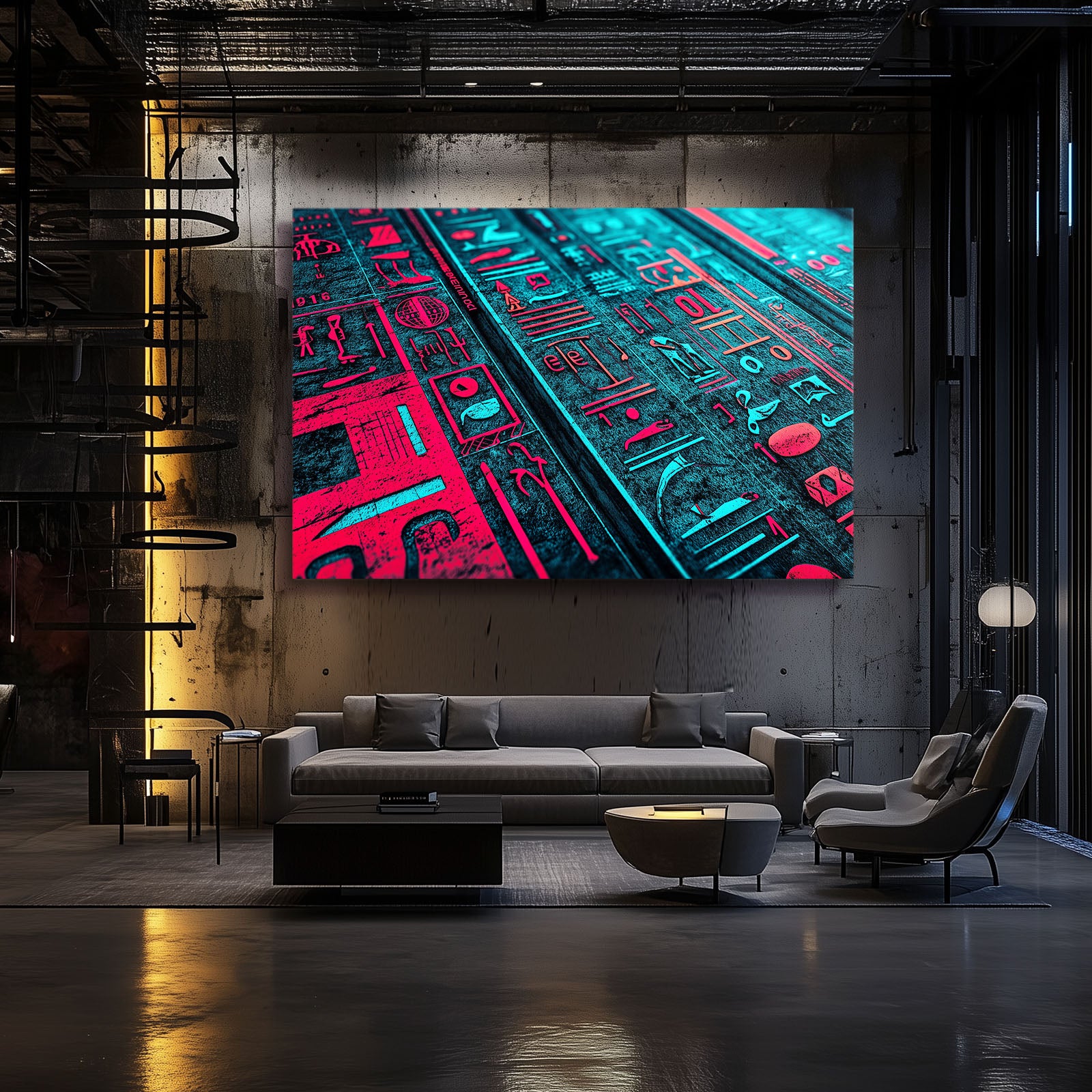 Neon Hieroglyph Pattern Egyptian Prints – styled in a furnished interior