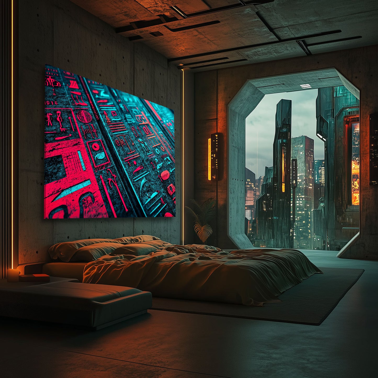 Neon Hieroglyph Pattern Egyptian Prints – styled in a furnished interior