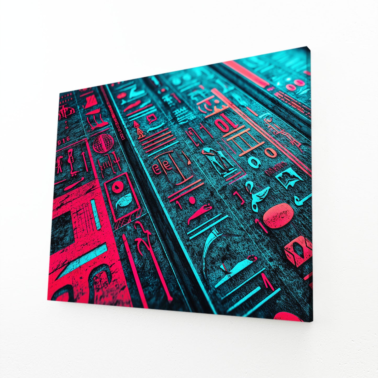Neon Hieroglyph Pattern Egyptian Prints – angled canvas view on white background