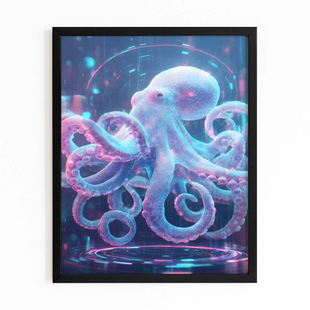 Neon Hologram Octopus Canvas Art – with Premium Black frame on white background