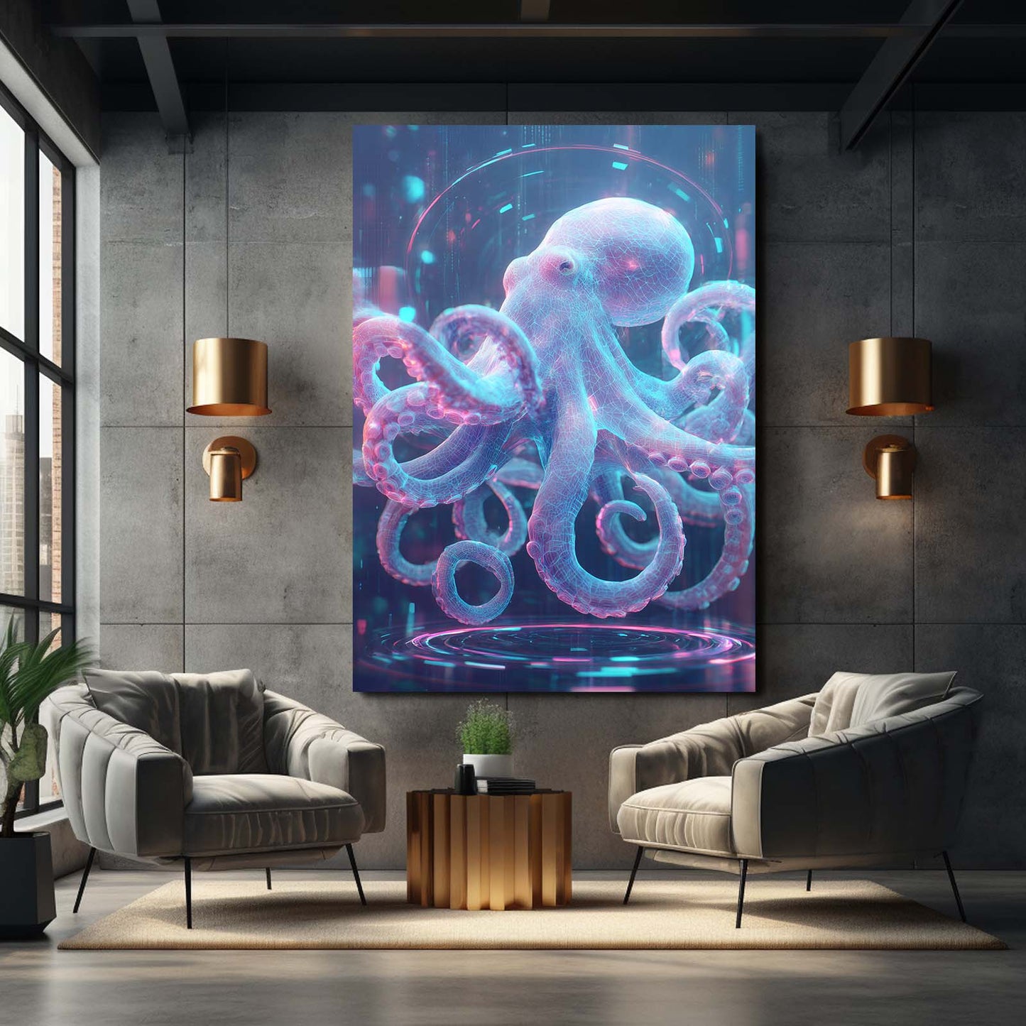 Neon Hologram Octopus Canvas Art – styled in a furnished interior