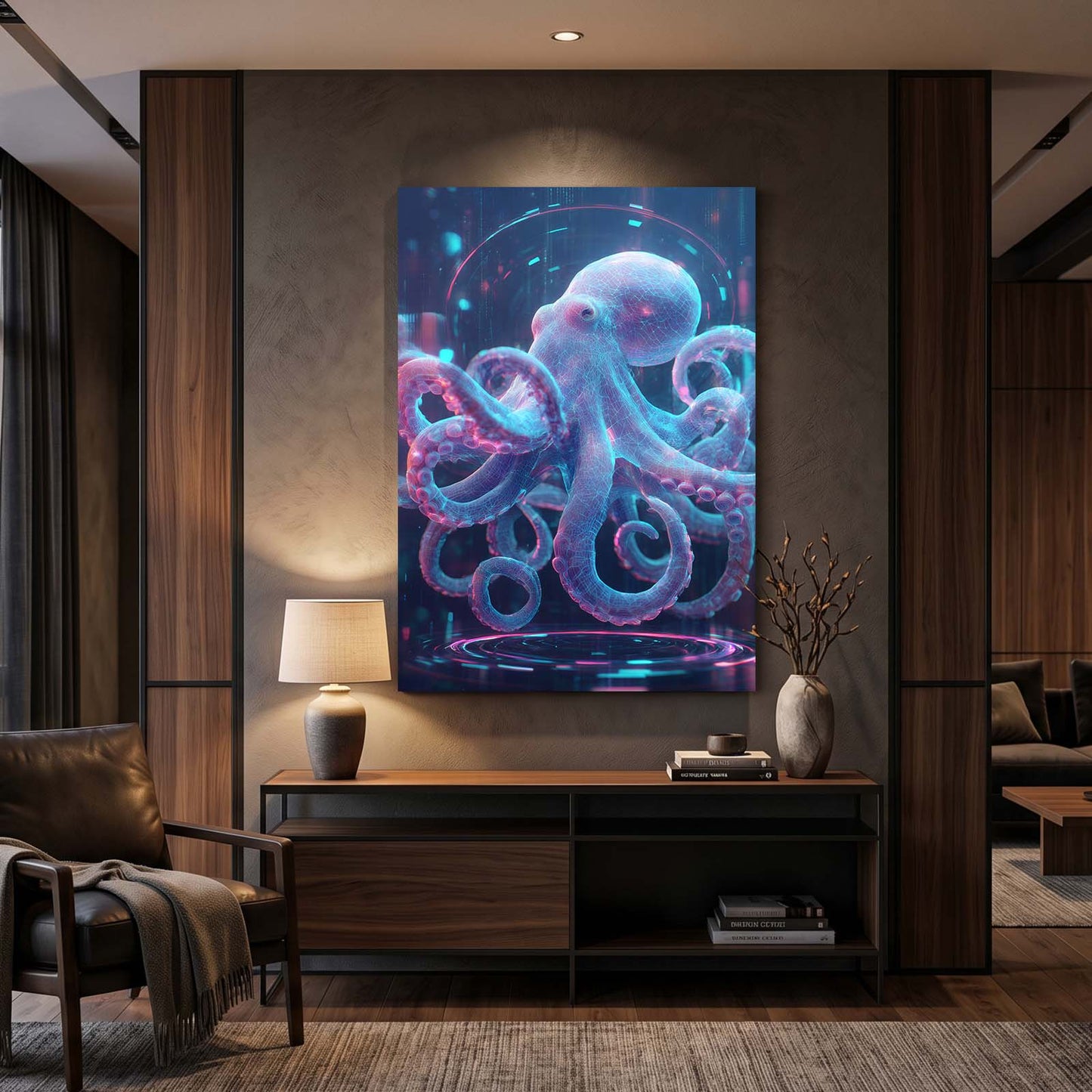 Neon Hologram Octopus Canvas Art – styled in a furnished interior