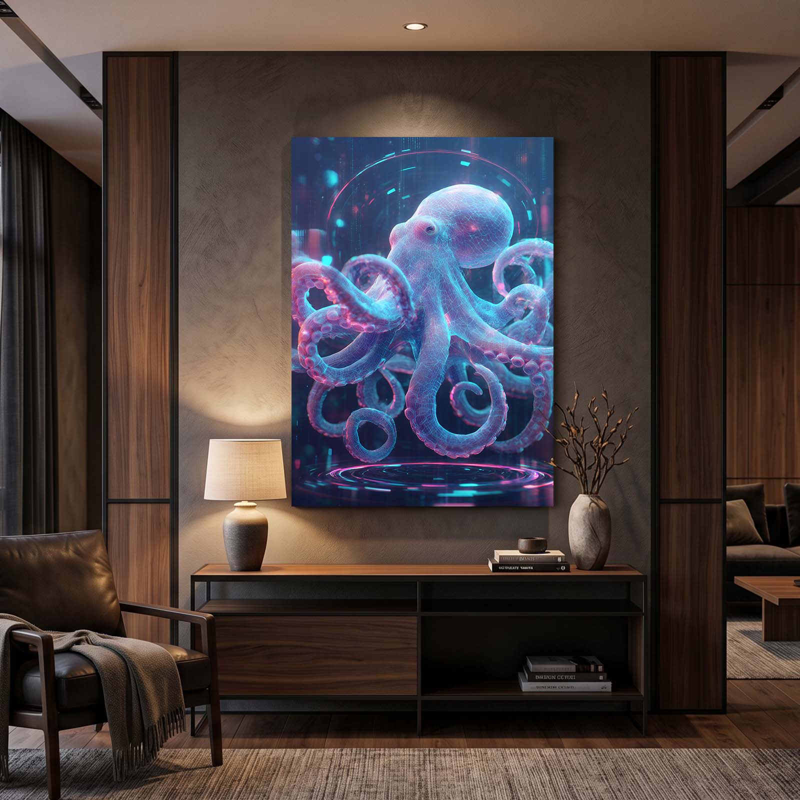 Neon Hologram Octopus Canvas Art – styled in a furnished interior