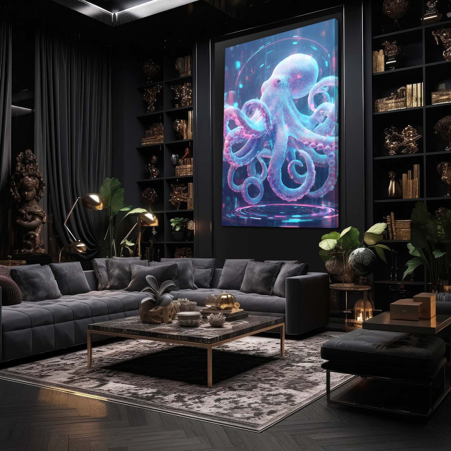 Neon Hologram Octopus Canvas Art – styled in a furnished interior