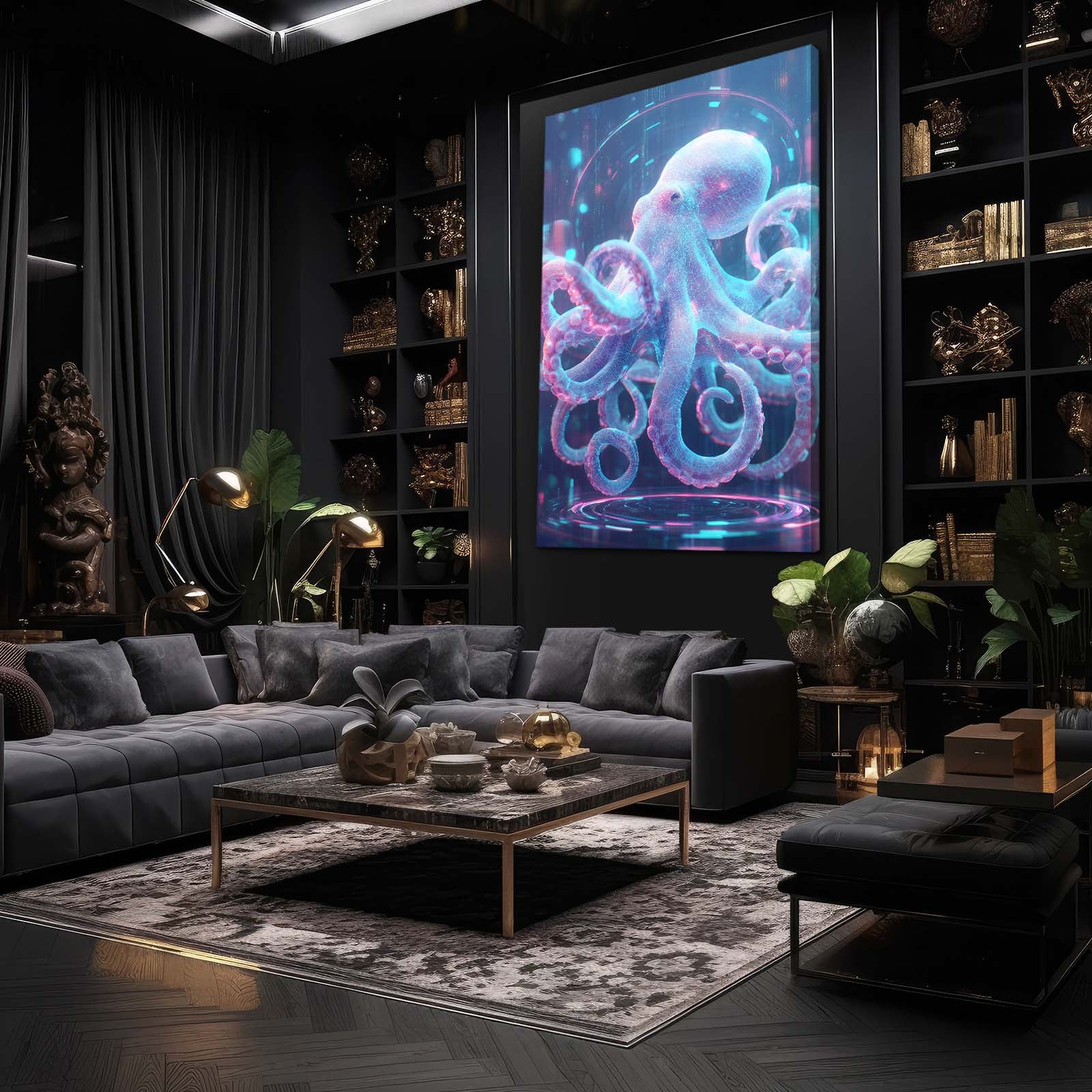 Neon Hologram Octopus Canvas Art – styled in a furnished interior