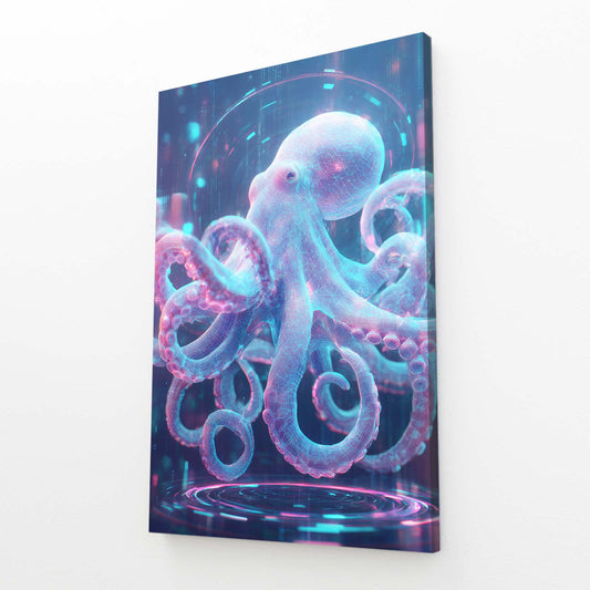 Neon Hologram Octopus Canvas Art – angled canvas view on white background