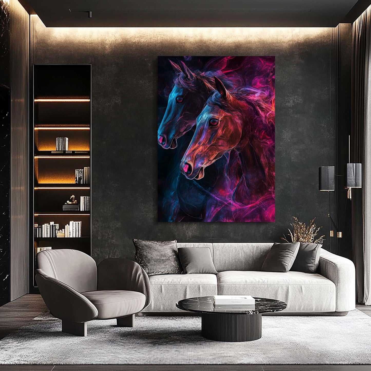 Neon Horse Prints – angled canvas view on white background