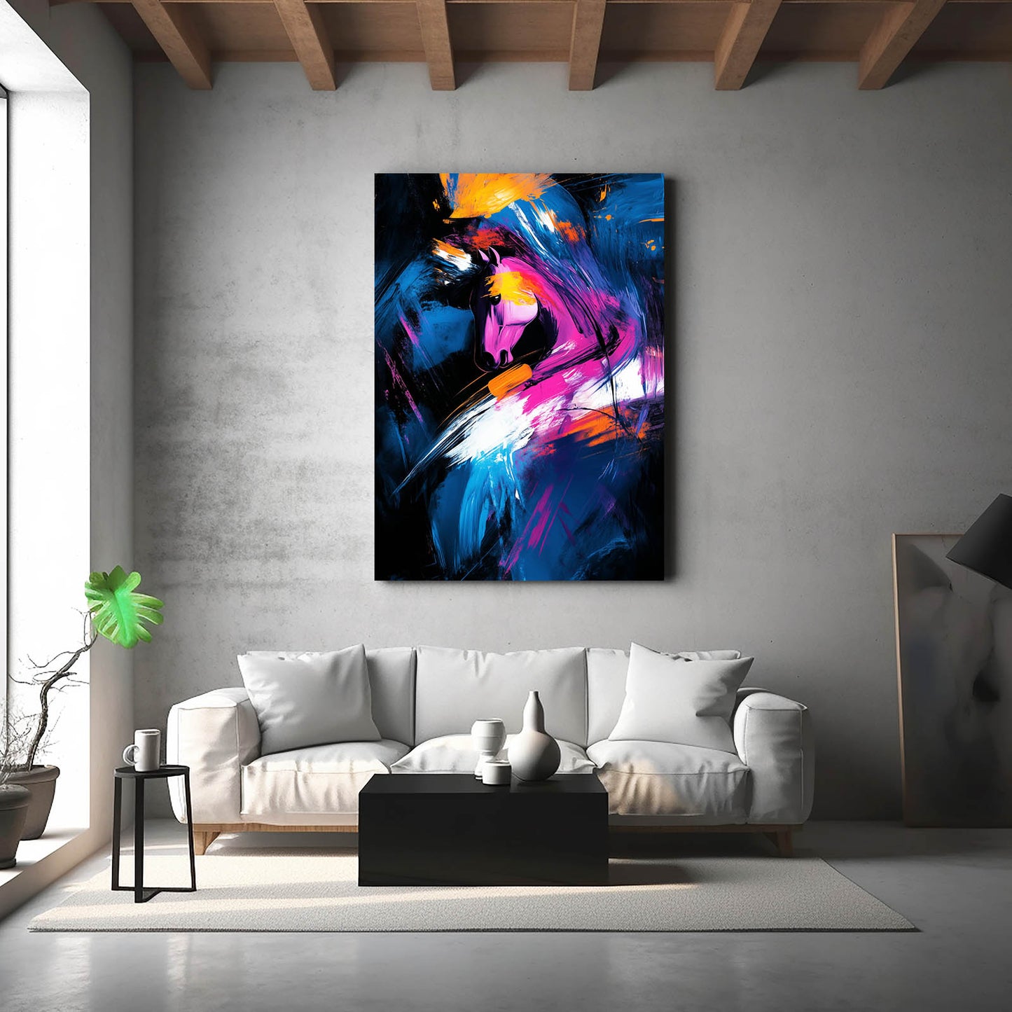 Neon Ink Sweep Horse Art — abstract canvas print, styled in a furnished interior
