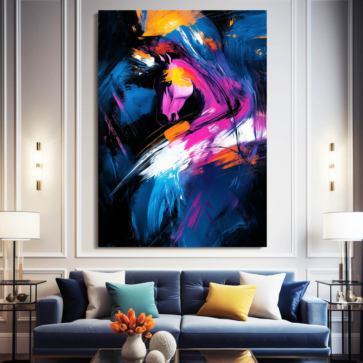 Neon Ink Sweep Horse Art — abstract canvas print, styled in a furnished interior