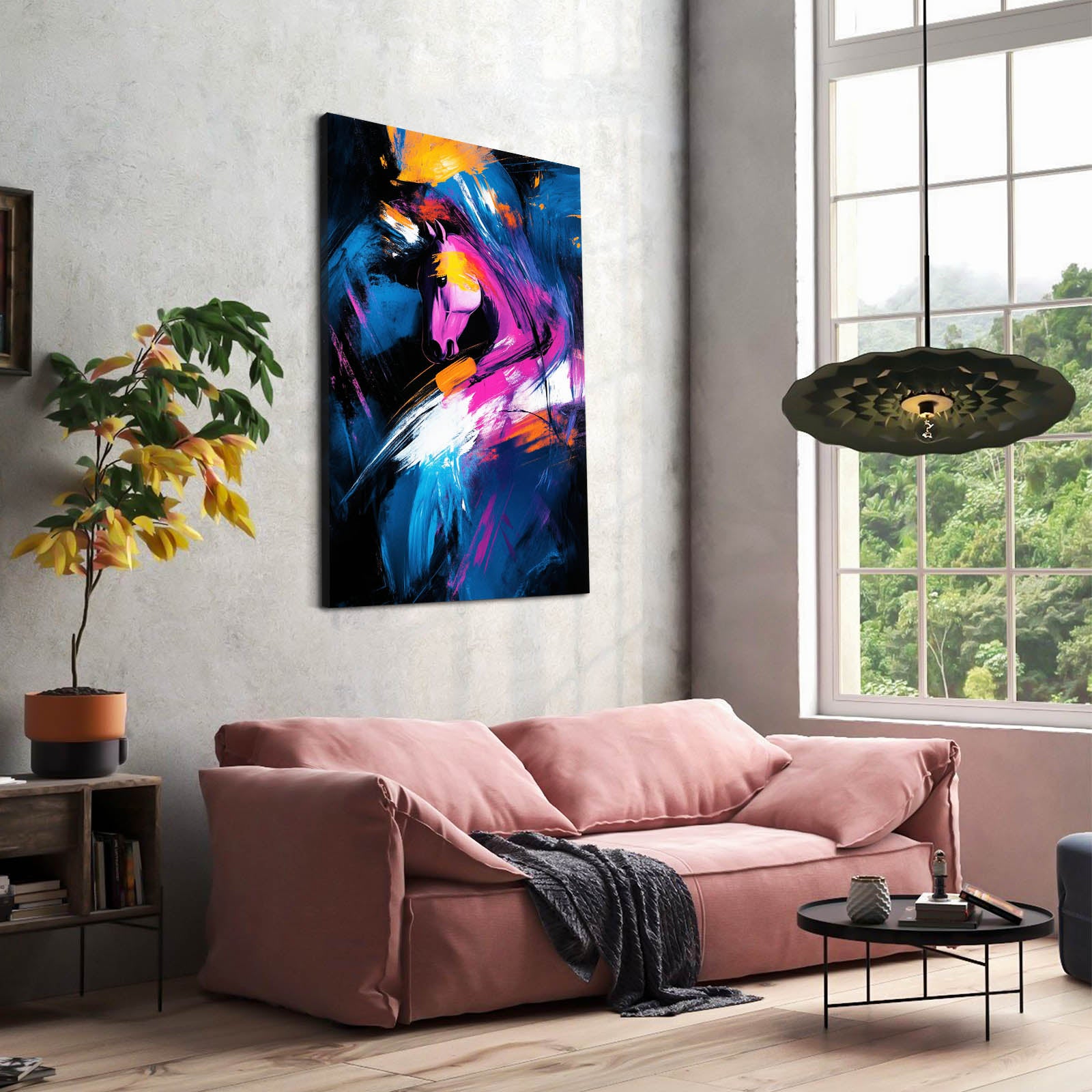 Neon Ink Sweep Horse Art — abstract canvas print, styled in a furnished interior