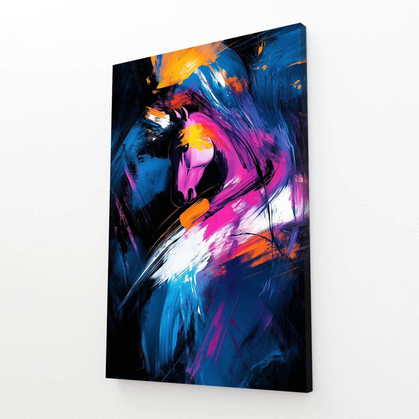 Neon Ink Sweep Horse Art — abstract canvas print, angled canvas view on white background