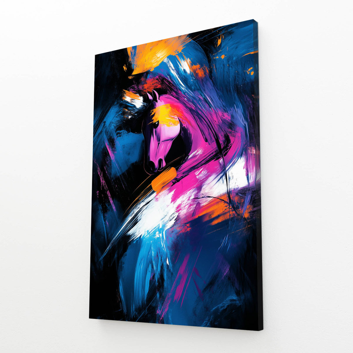 Neon Ink Sweep Horse Art — abstract canvas print, angled canvas view on white background