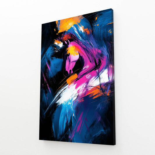 Neon Ink Sweep Horse Art — abstract canvas print, angled canvas view on white background