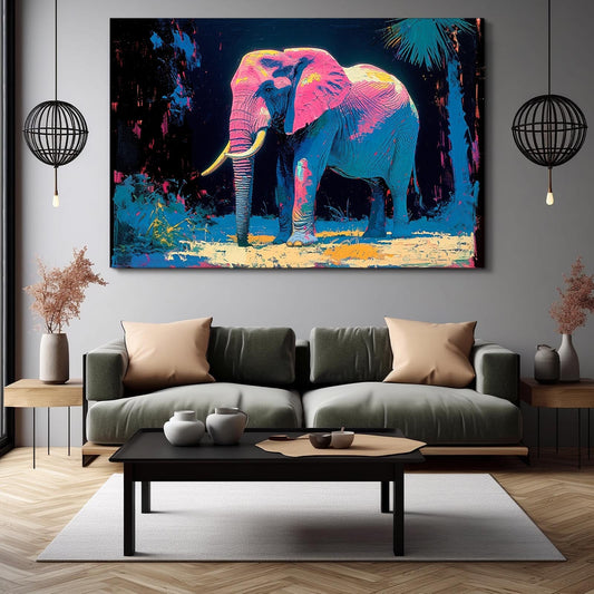 Neon Jungle Elephant Art — contemporary canvas print in blue tones, view 3
