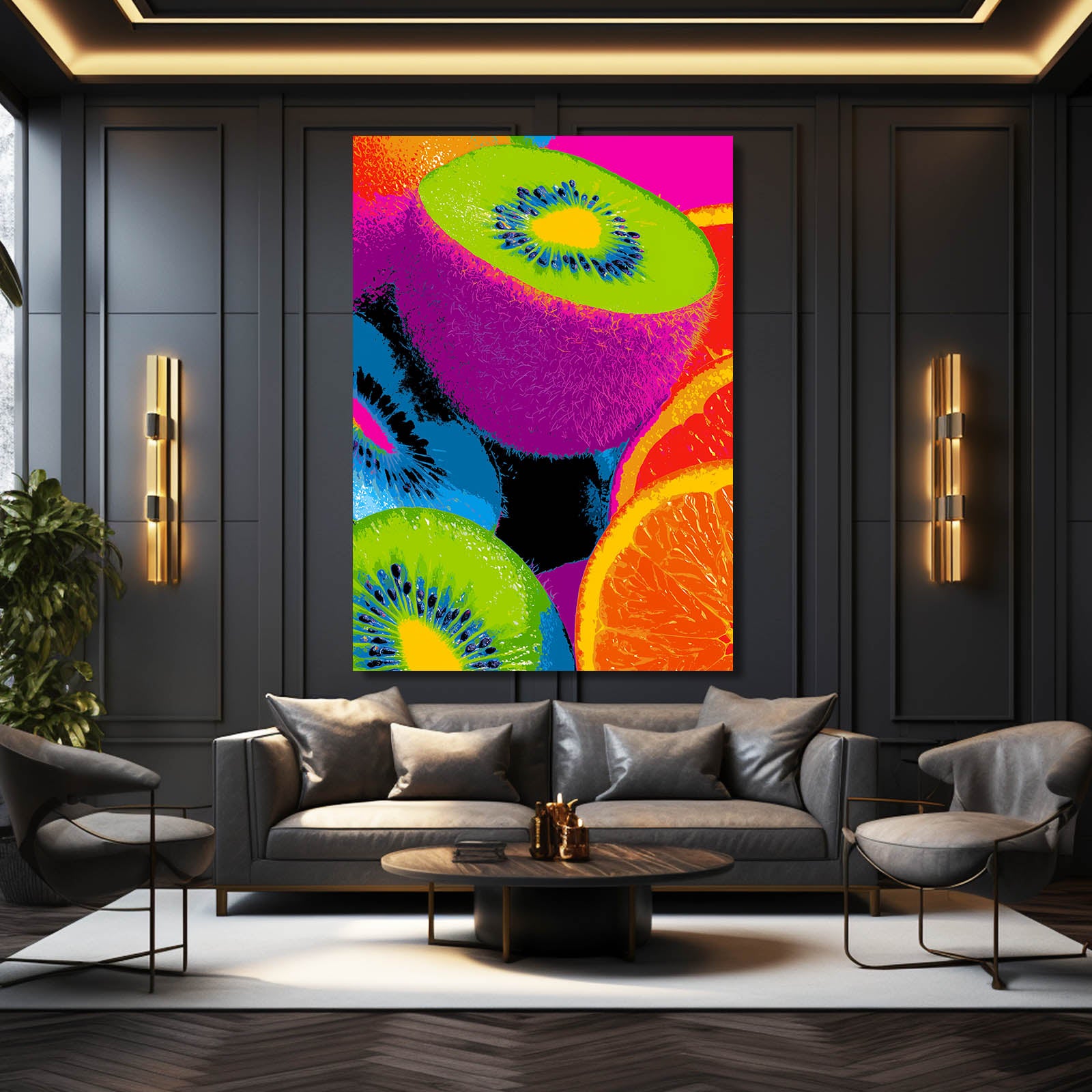 Neon Kiwi Citrus Fruit Canvas – styled in a furnished interior