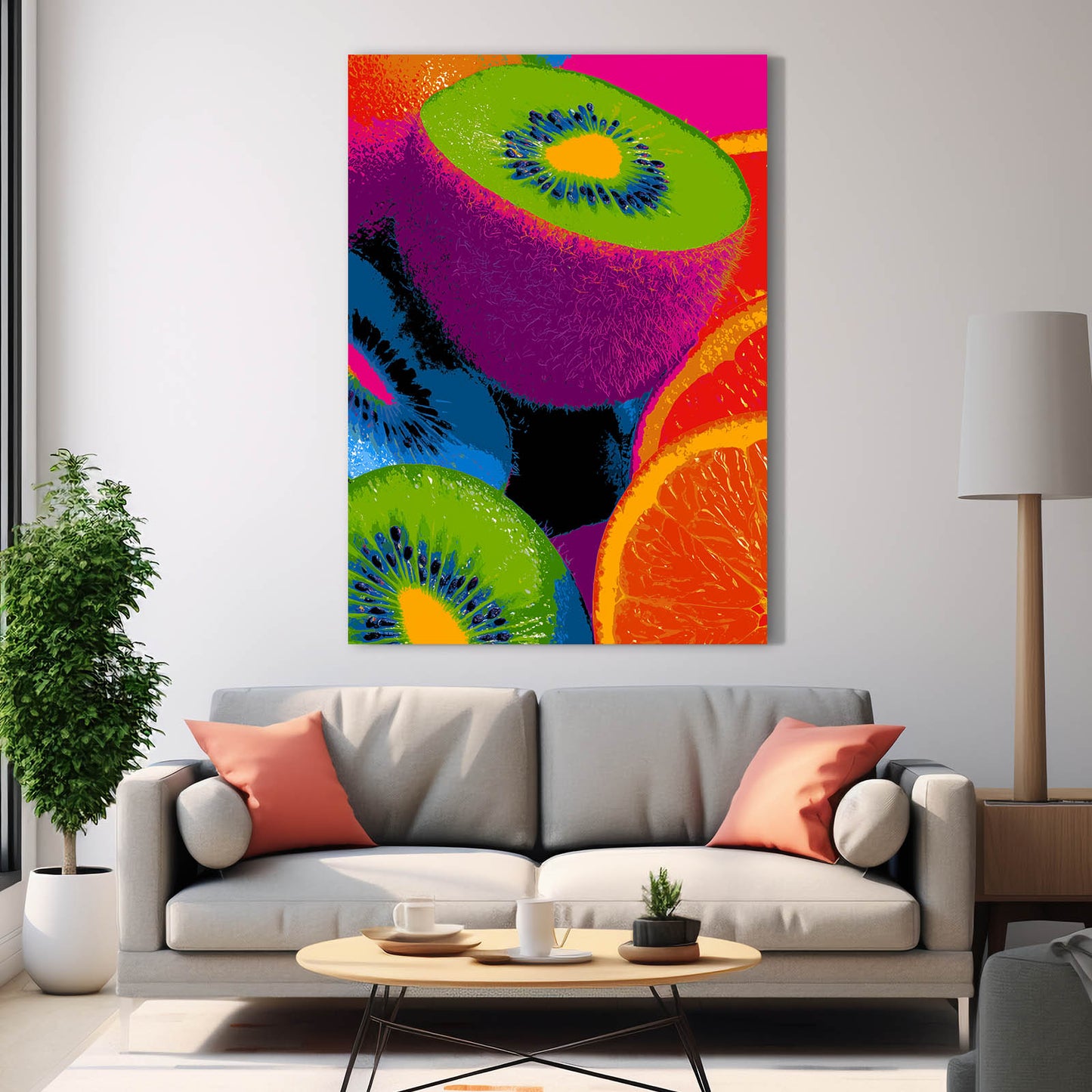 Neon Kiwi Citrus Fruit Canvas – styled in a furnished interior