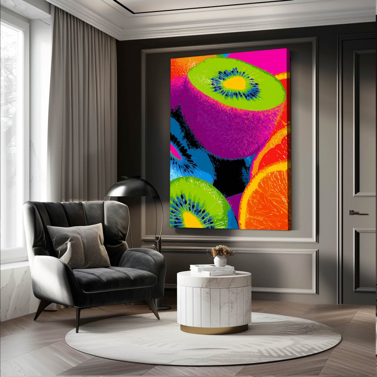 Neon Kiwi Citrus Fruit Canvas – styled in a furnished interior