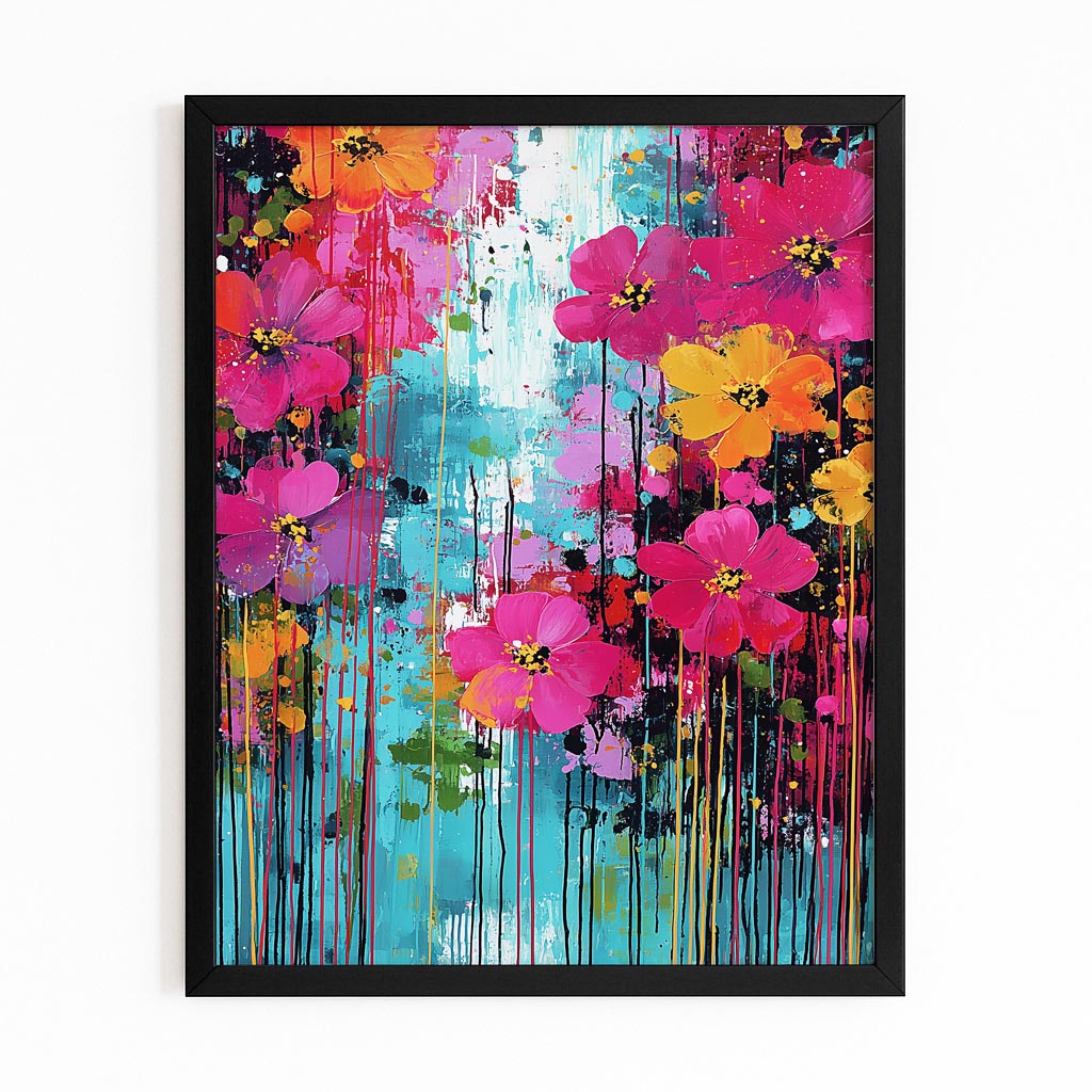 Neon Meadow Drip Cherry Blossom Wall Art – with Premium Black frame on white background