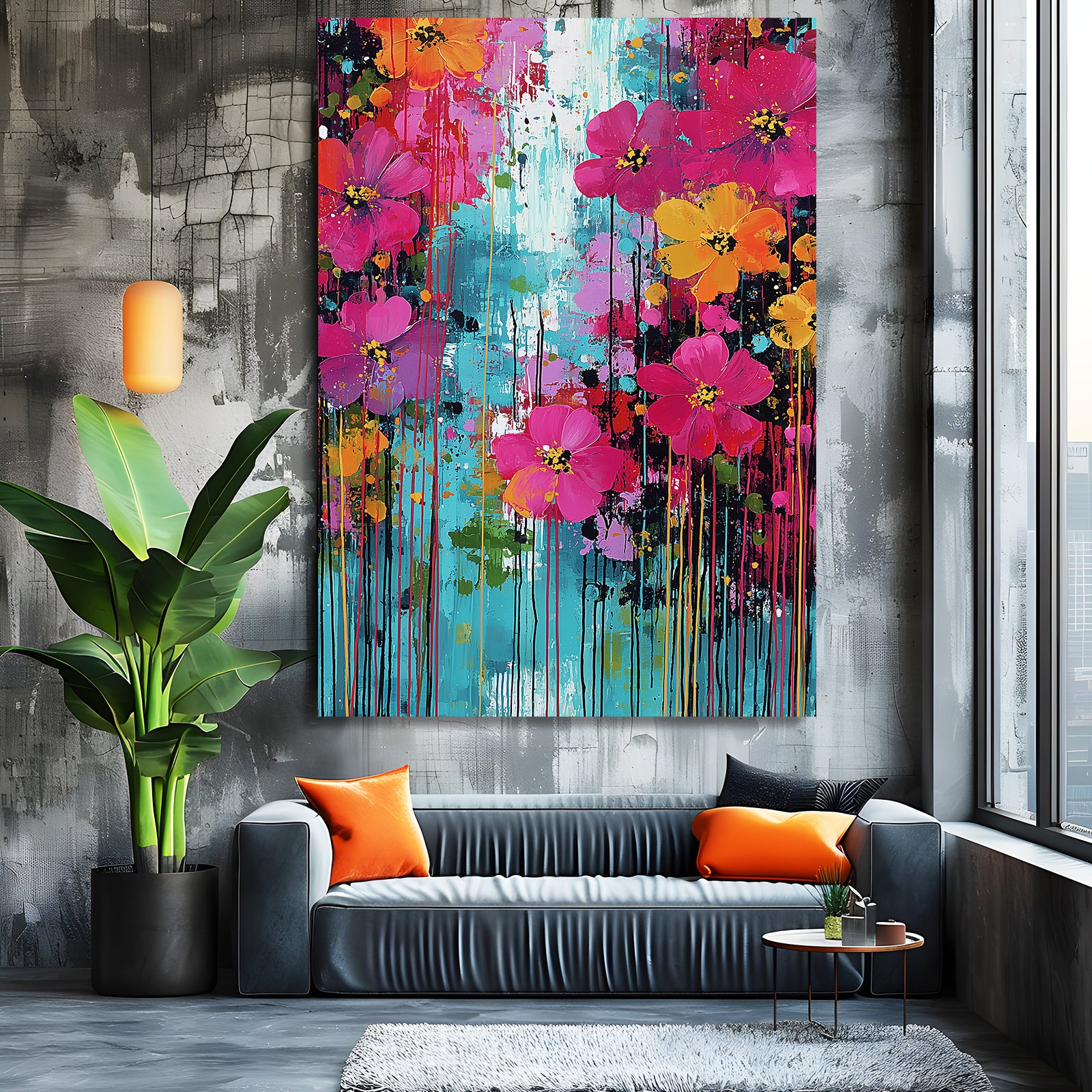 Neon Meadow Drip Cherry Blossom Wall Art – styled in a furnished interior
