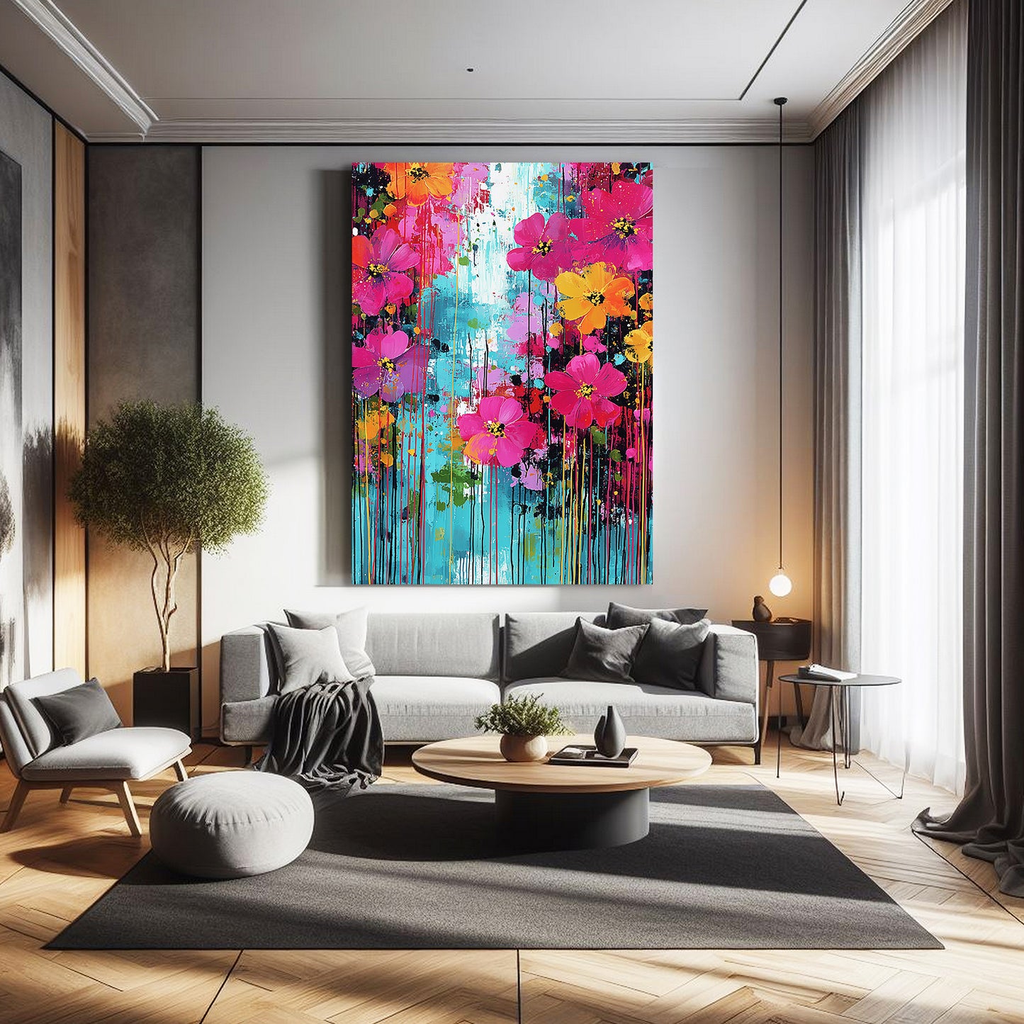 Neon Meadow Drip Cherry Blossom Wall Art – styled in a furnished interior