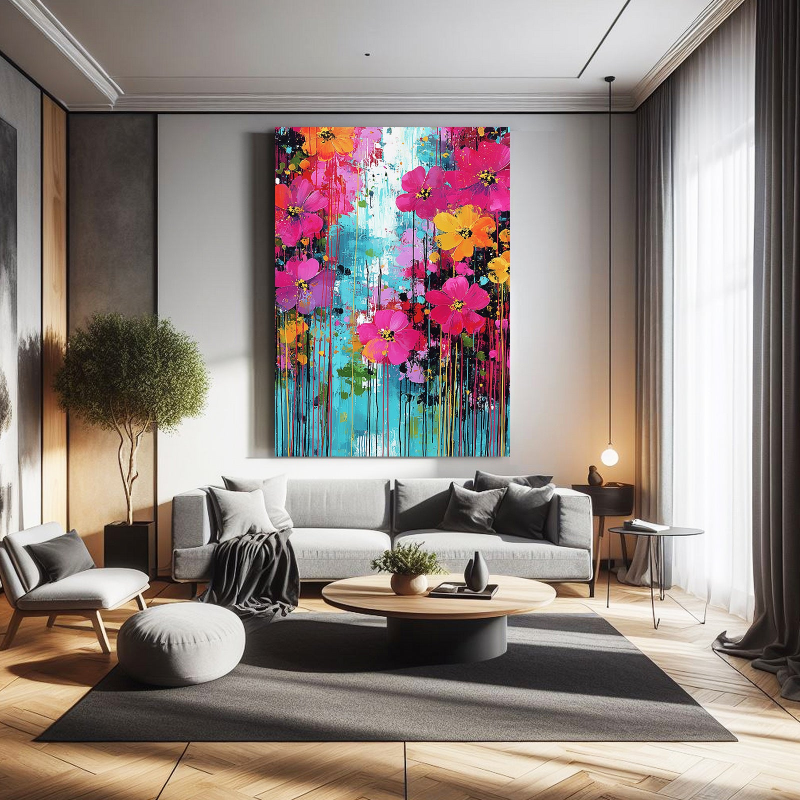Neon Meadow Drip Cherry Blossom Wall Art – styled in a furnished interior