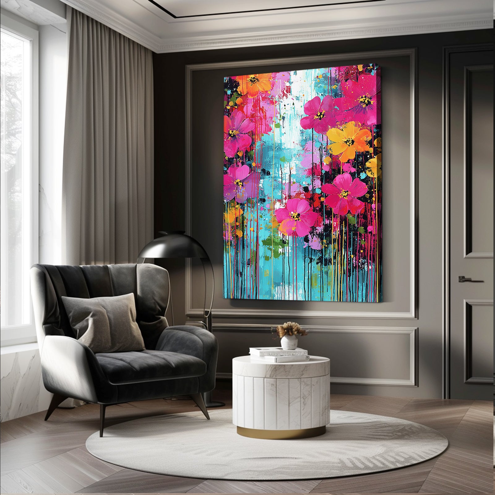 Neon Meadow Drip Cherry Blossom Wall Art – styled in a furnished interior
