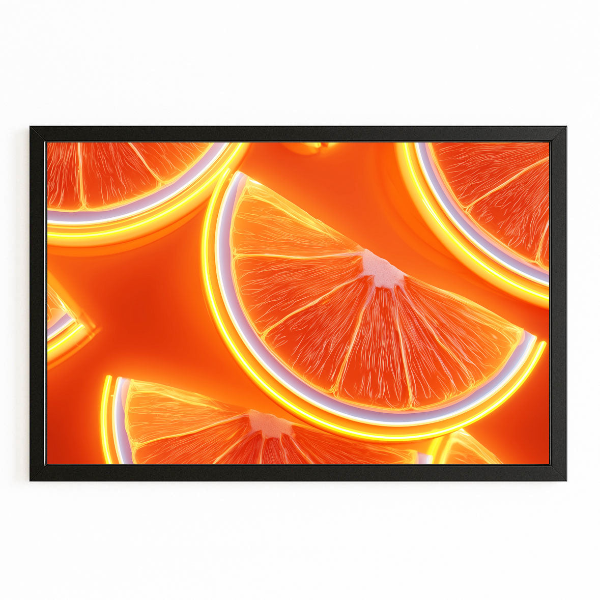 Neon Orange Slices Fruit Wall Art – with Premium Black frame on white background