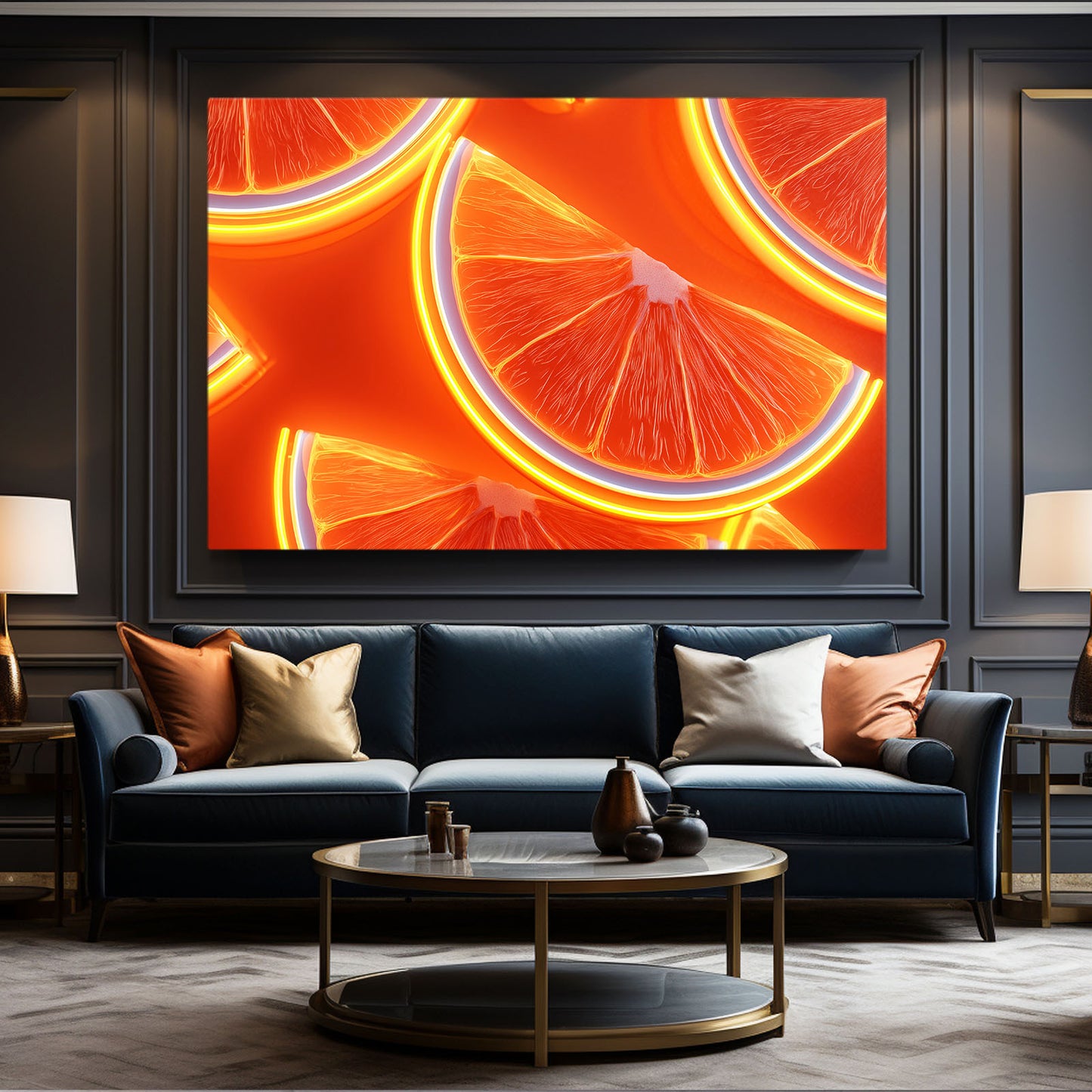 Neon Orange Slices Fruit Wall Art – styled in a furnished interior