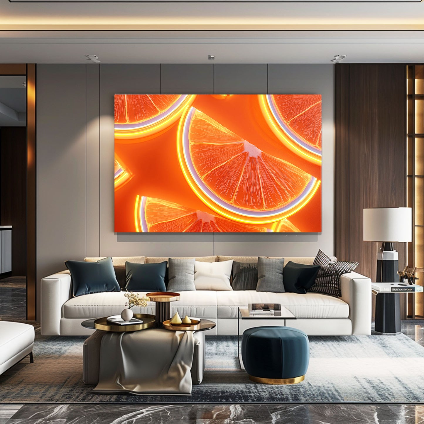 Neon Orange Slices Fruit Wall Art – styled in a furnished interior