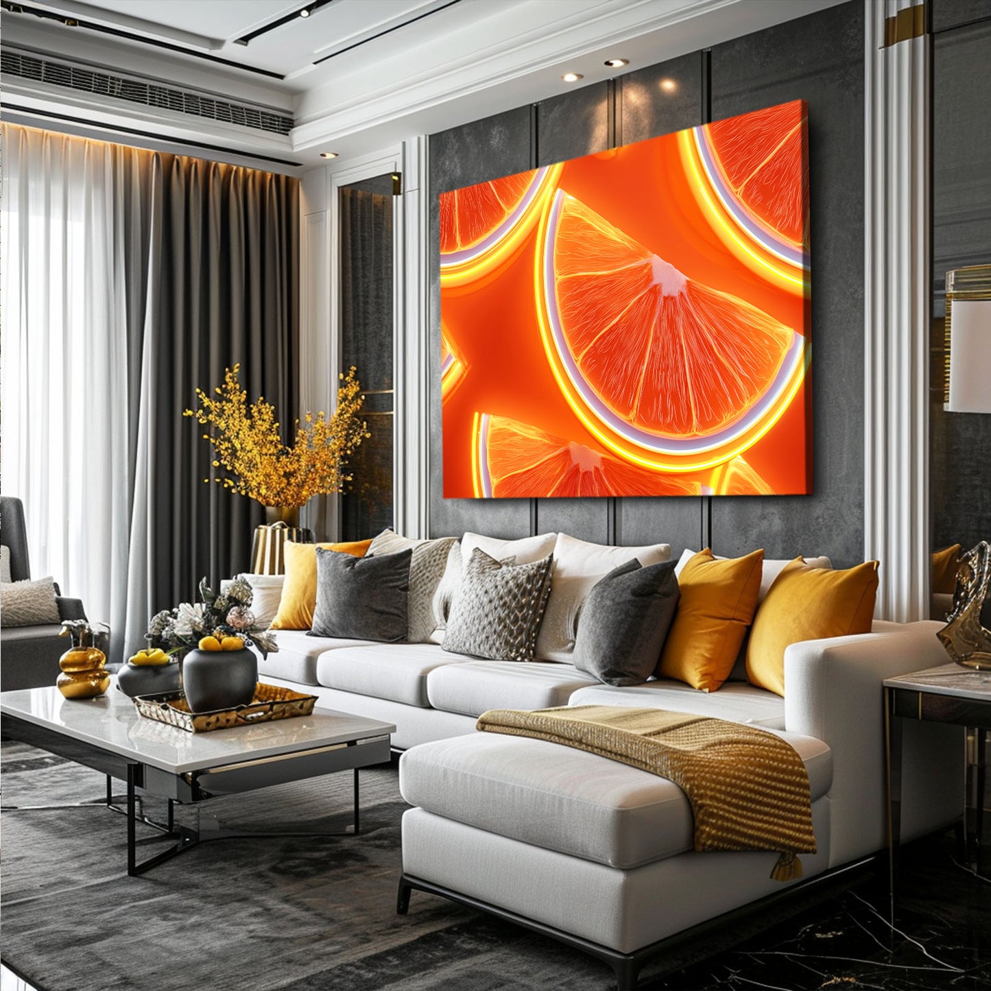 Neon Orange Slices Fruit Wall Art – styled in a furnished interior