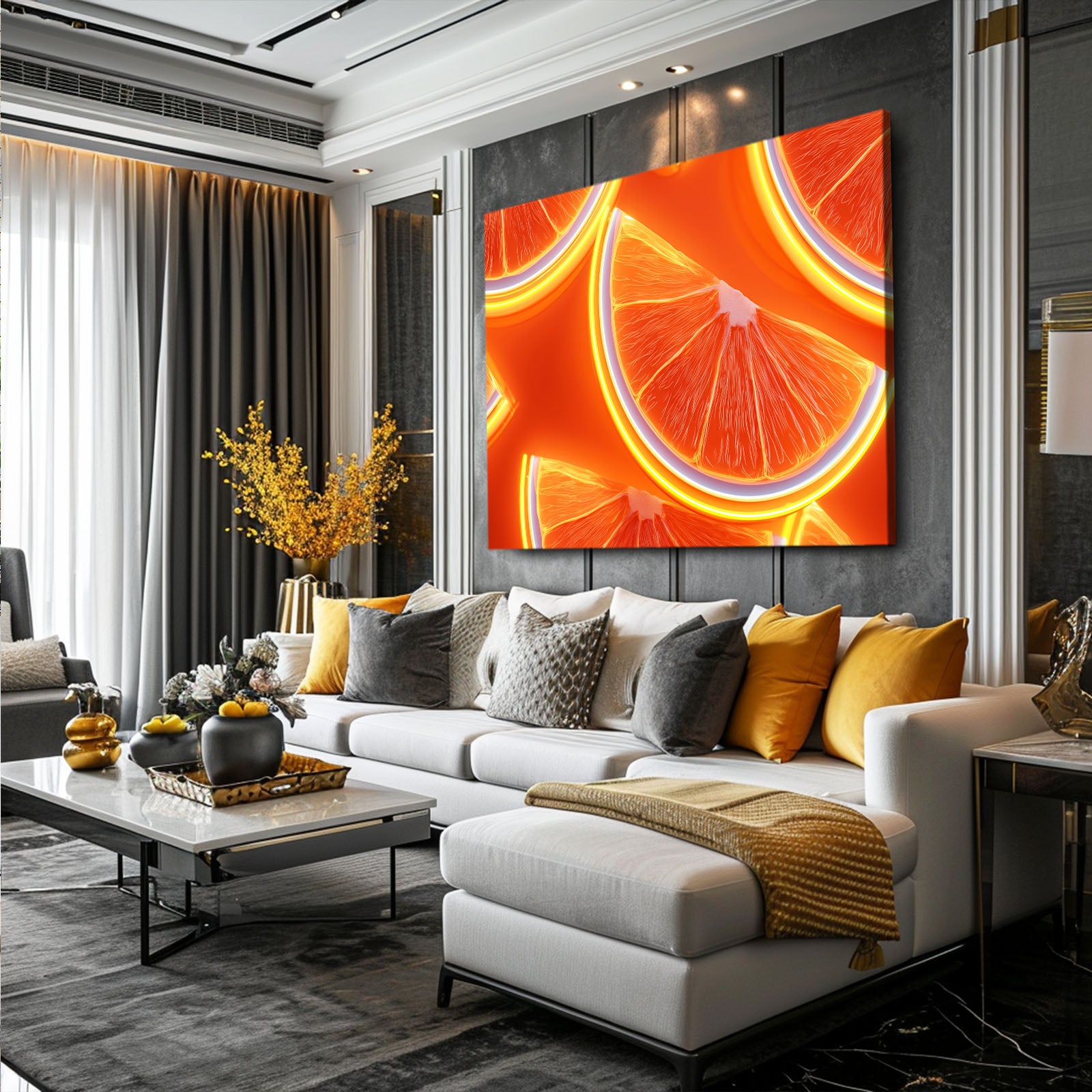 Neon Orange Slices Fruit Wall Art – styled in a furnished interior