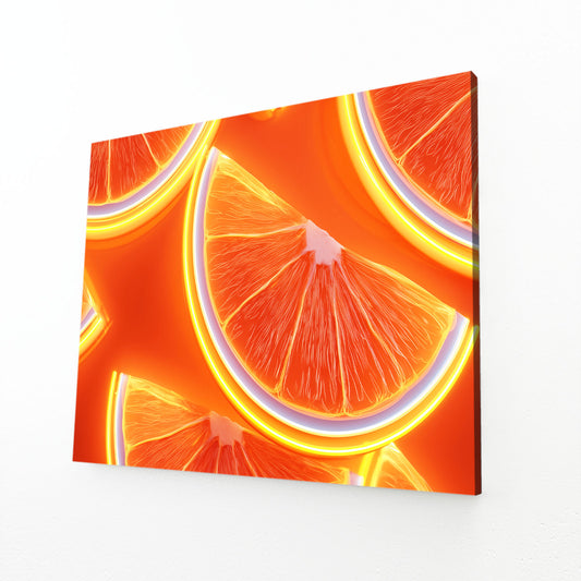 Neon Orange Slices Fruit Wall Art – angled canvas view on white background