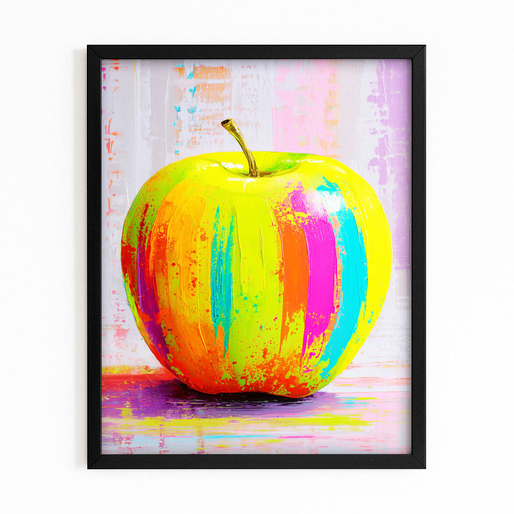 Neon Paint Strokes Apple Canvas – with Premium Black frame on white background