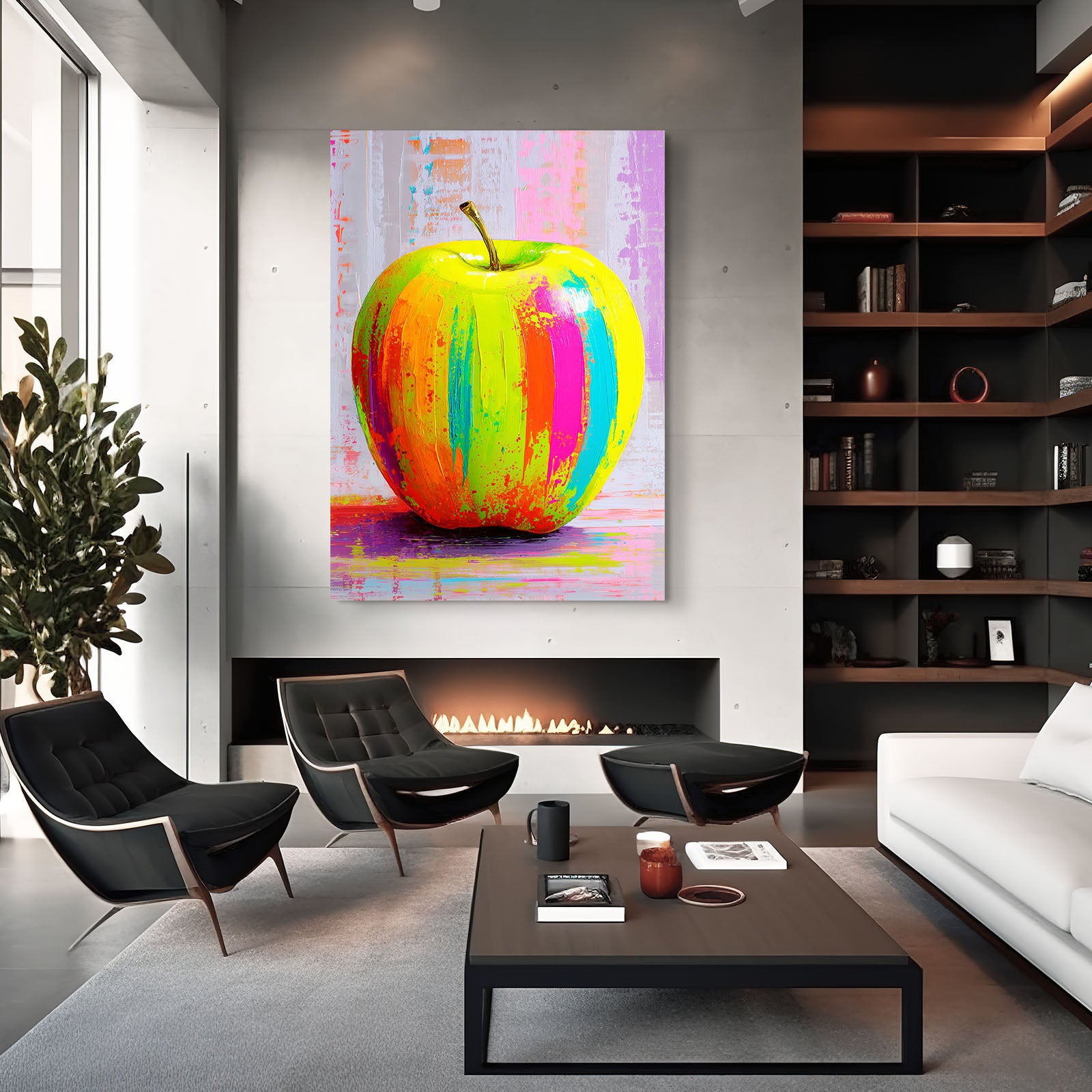 Neon Paint Strokes Apple Canvas – styled in a furnished interior