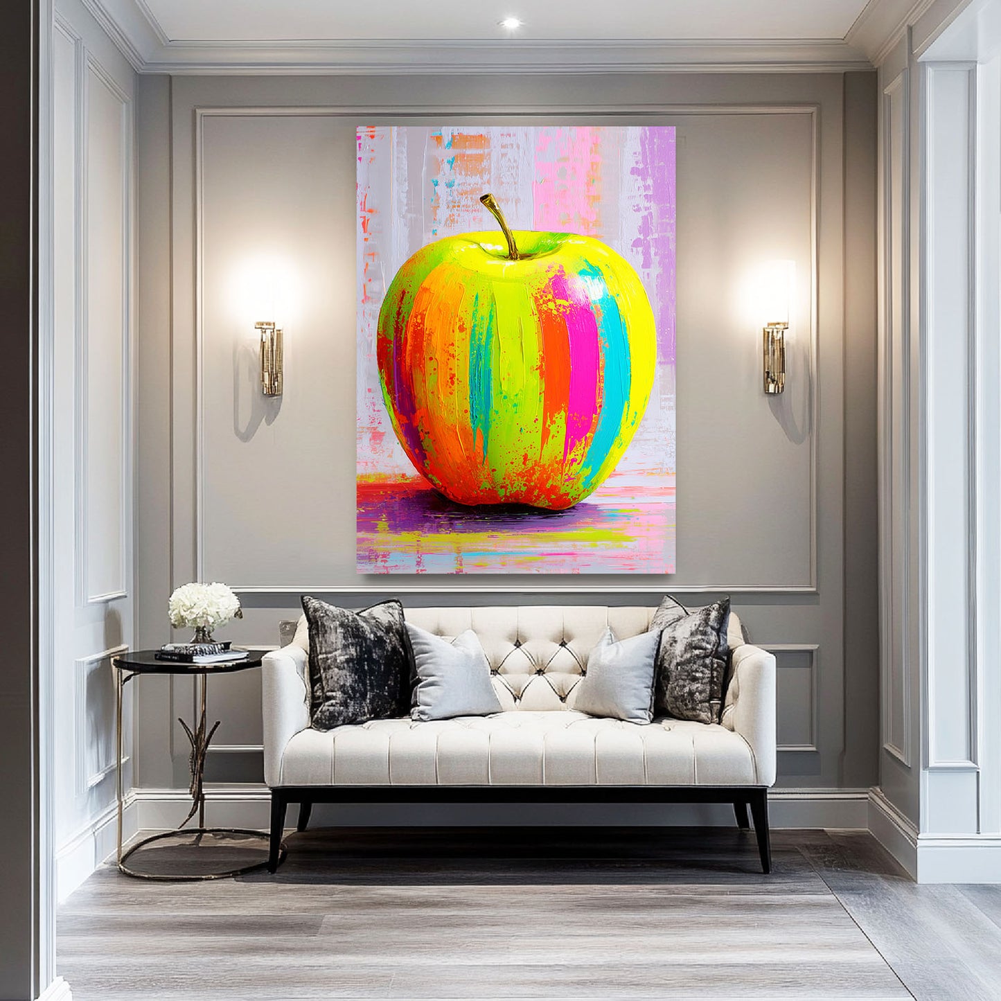 Neon Paint Strokes Apple Canvas – styled in a furnished interior