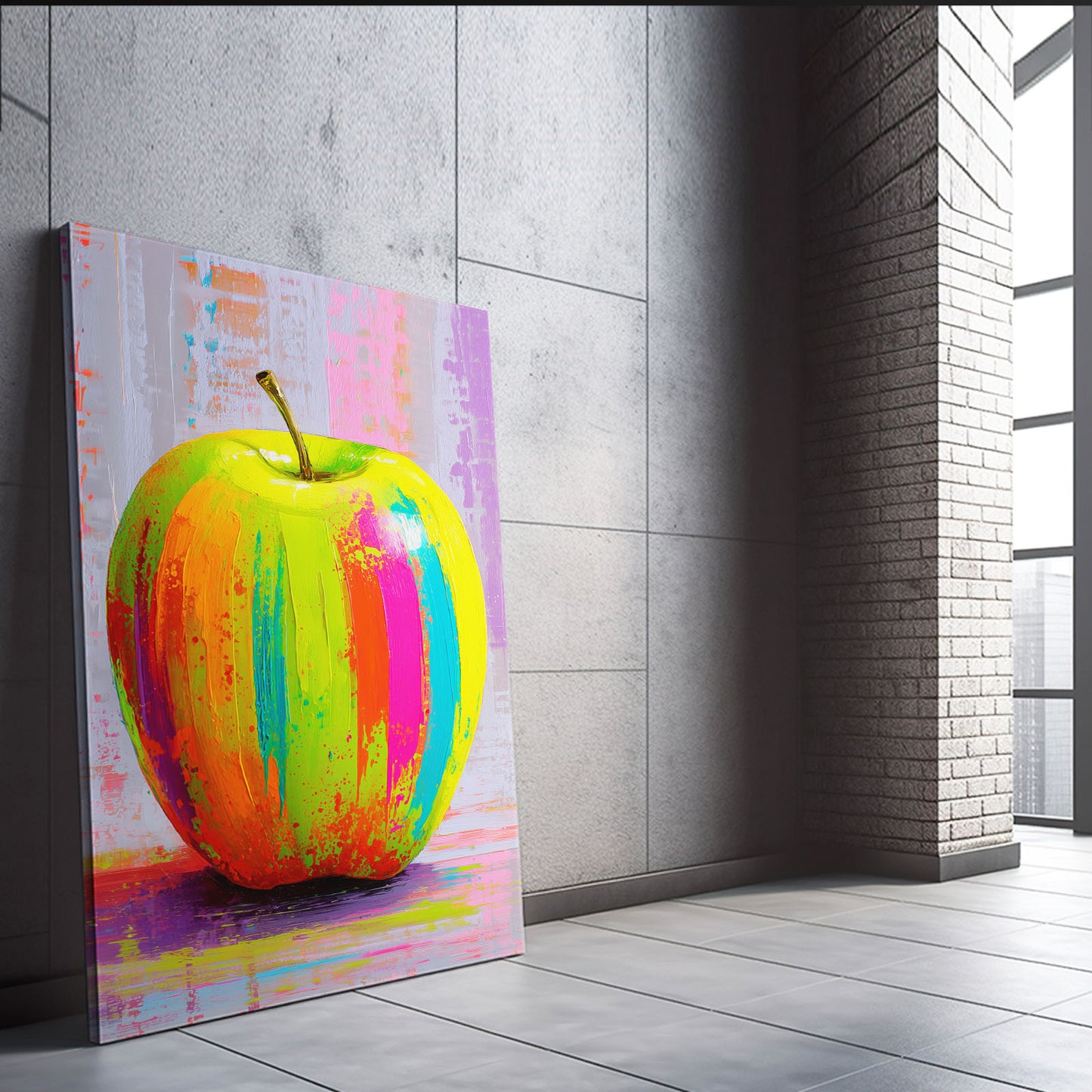 Neon Paint Strokes Apple Canvas – styled in a furnished interior