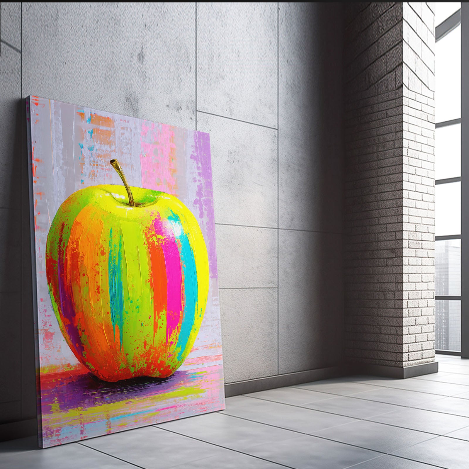 Neon Paint Strokes Apple Canvas – styled in a furnished interior