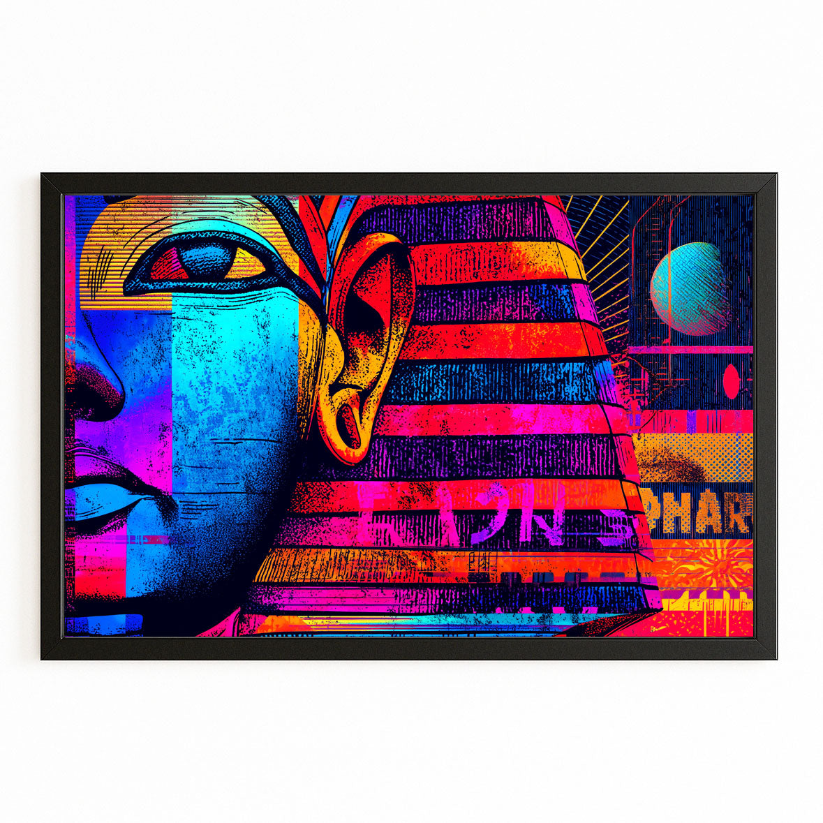 Neon Pharaoh Face Egyptian Canvas – with Premium Black frame on white background