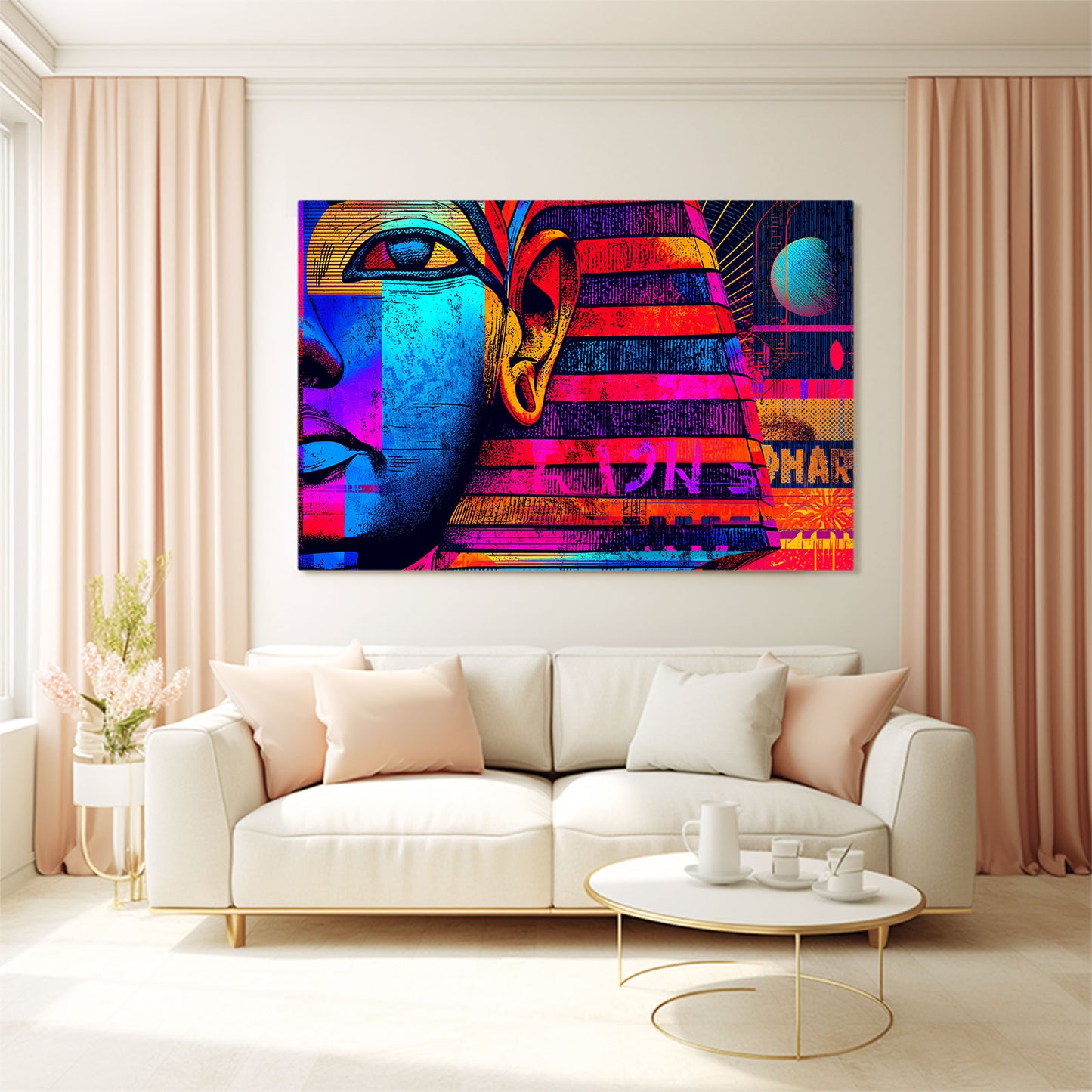Neon Pharaoh Face Egyptian Canvas – styled in a furnished interior