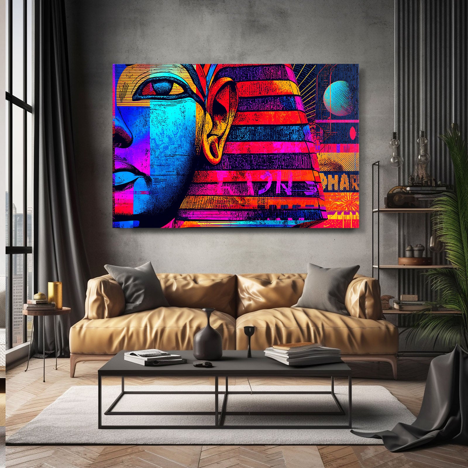 Neon Pharaoh Face Egyptian Canvas – styled in a furnished interior