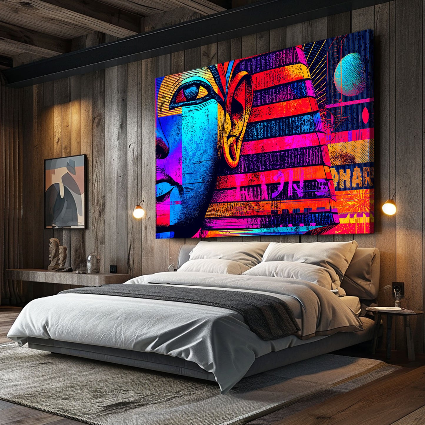 Neon Pharaoh Face Egyptian Canvas – styled in a furnished interior