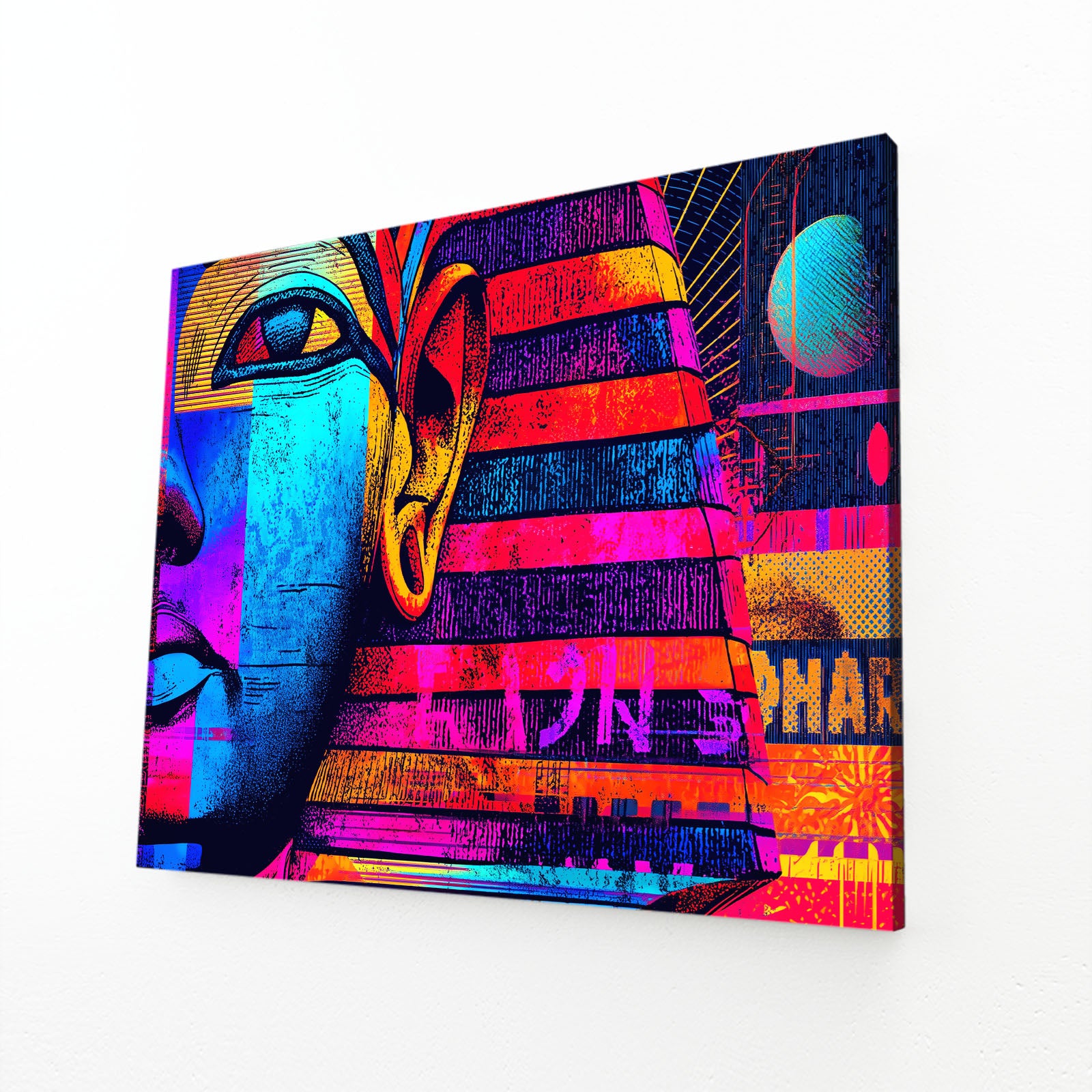 Neon Pharaoh Face Egyptian Canvas – angled canvas view on white background