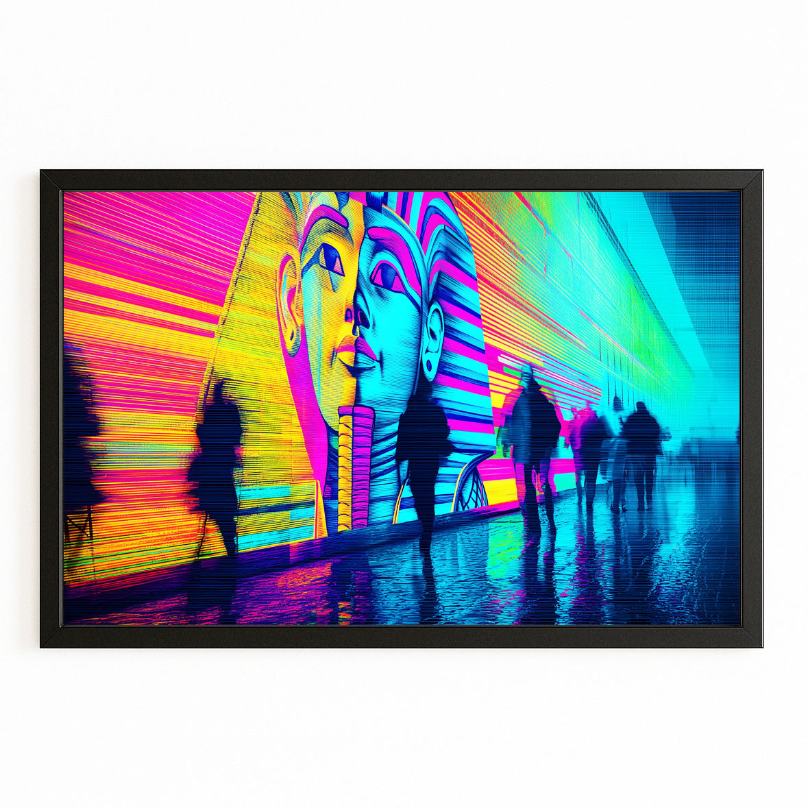 Neon Pharaoh Silhouettes Egyptian Prints – with Premium Black frame on white background