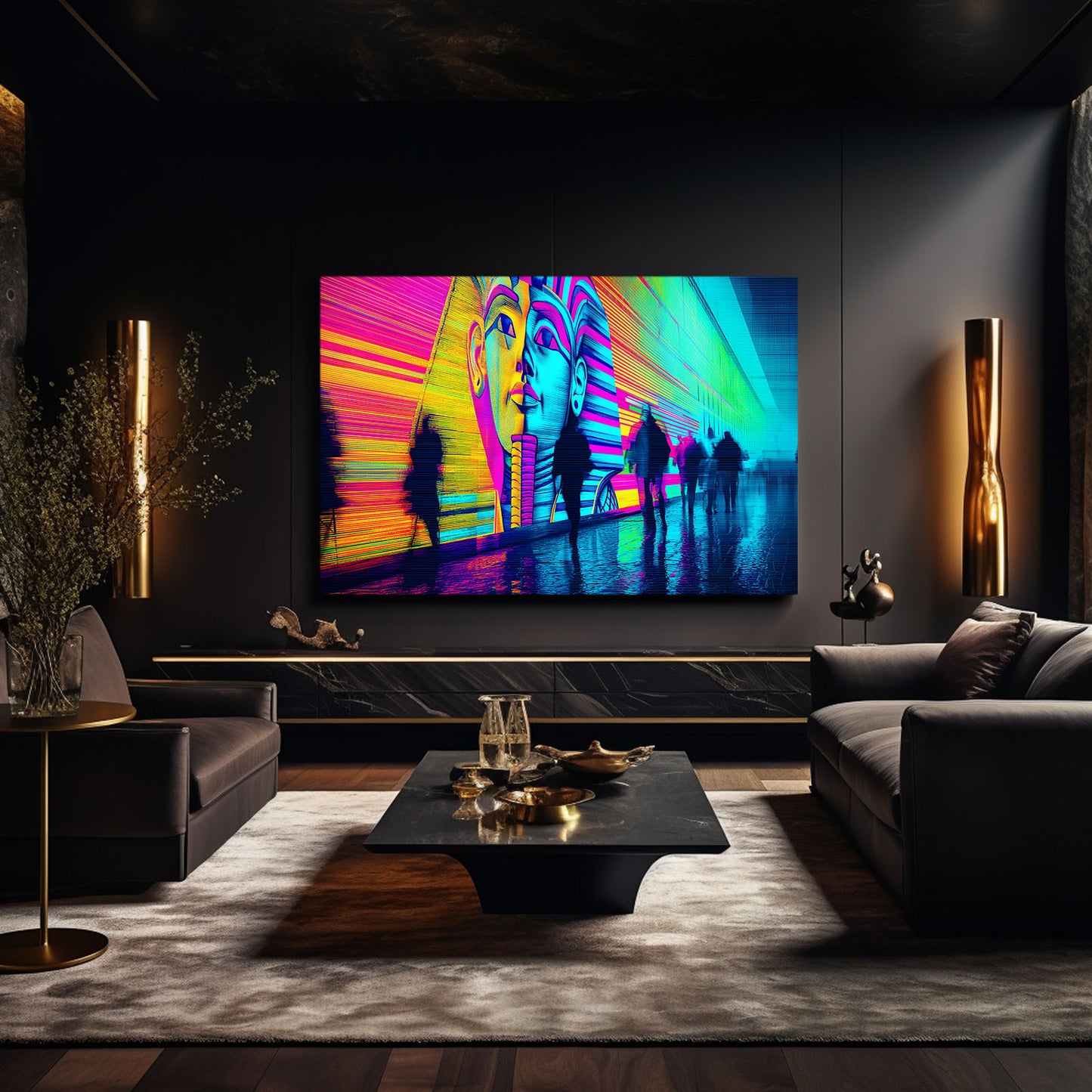 Neon Pharaoh Silhouettes Egyptian Prints – styled in a furnished interior
