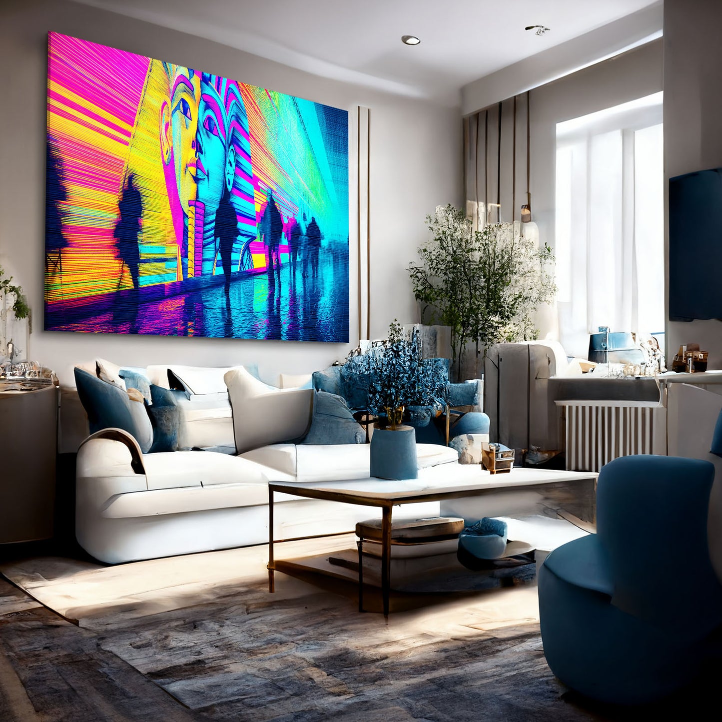 Neon Pharaoh Silhouettes Egyptian Prints – styled in a furnished interior
